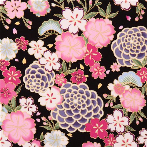 black Asia flower cherry blossom fabric with gold by Kokka - modeS4u