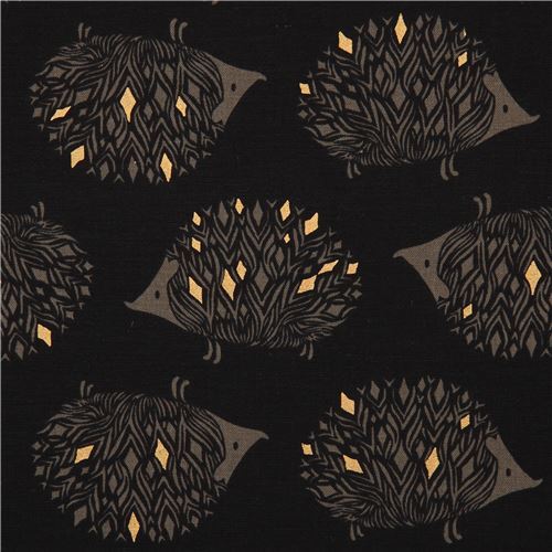 black Canvas fabric with hedgehog animal gold metallic by Cotton and