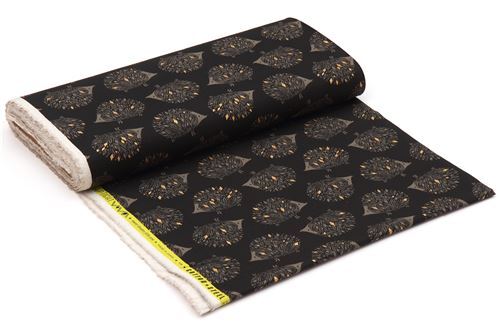 black Canvas fabric with hedgehog animal gold metallic by Cotton and ...