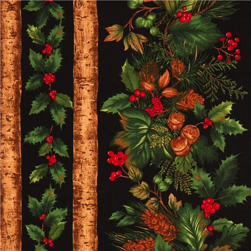 black Christmas fabric with mistletoe fir cone 1