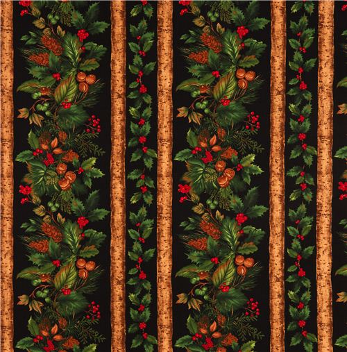 black Christmas fabric with mistletoe fir cone 2