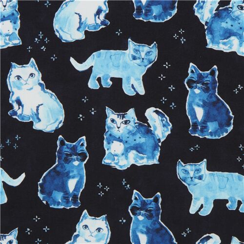 black Dear Stella fabric with blue watercolor cats Fabric