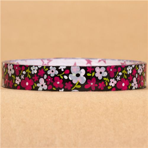 black Deco Sticky Tape with pink and white scattered flowers Flower