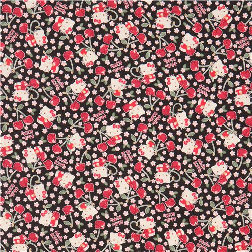 black Hello Kitty cherry cute flower fabric 2