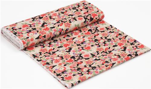 Fat Quarter (50 x 56 cm) - Tela japonesa crep� amunzen negra con peon�as y sakura flor de cerezo 3
