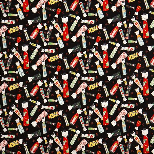 black Kokeshi cat dolls fabric by Alexander Henry 2