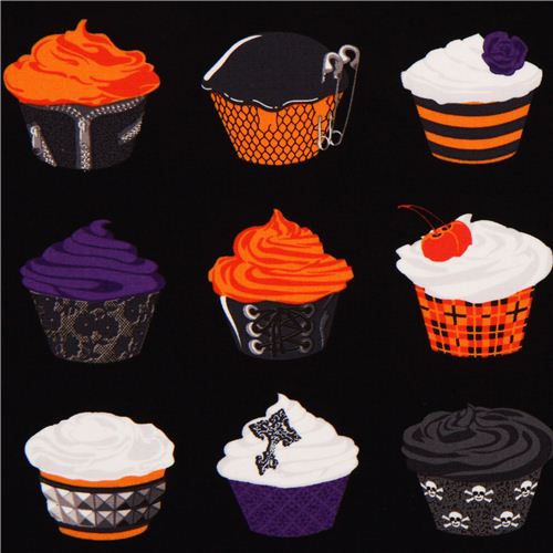 black Michael Miller Halloween fabric with cupcakes 1