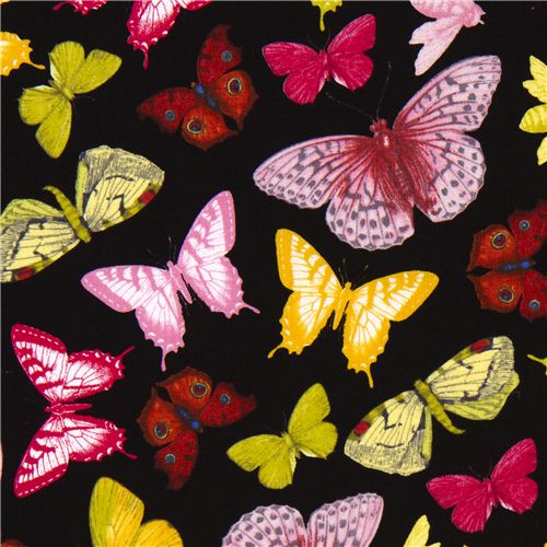 black Michael Miller fabric colourful butterflies 1