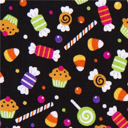 black Riley Blake Halloween fabric colourful candy 1
