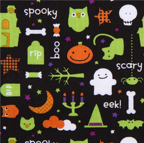 black Riley Blake Halloween fabric owl ghost pumpkin 1
