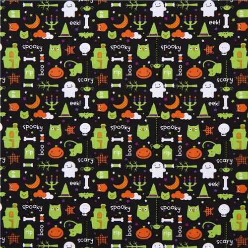 black Riley Blake Halloween fabric owl ghost pumpkin 2