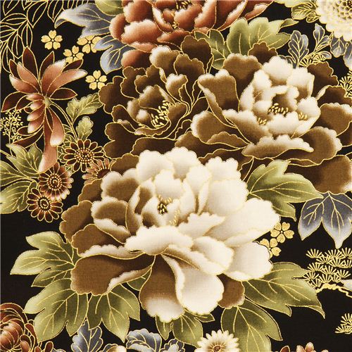 black Robert Kaufman fabric with Asian flowers & border Fabric