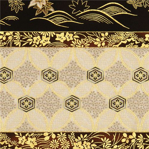 black Robert Kaufman fabric with Asian flowers & border 3