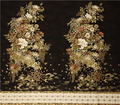black Robert Kaufman fabric with Asian flowers & border 5