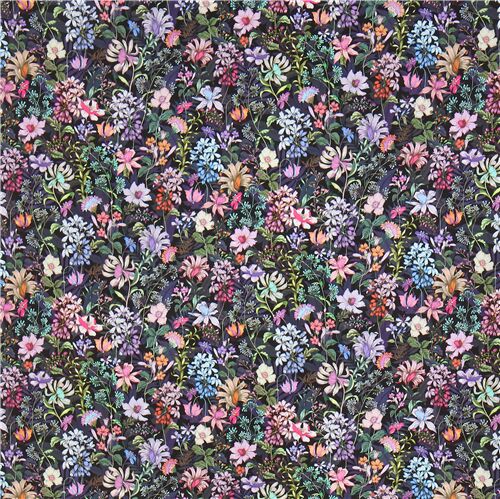 black Robert Kaufman knit fabric with chrysanthemum and colorful ...