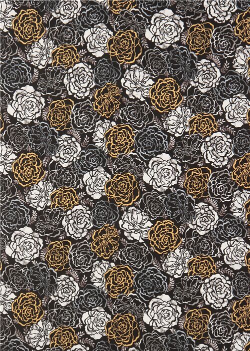Tela de flores negra de Robert Kaufman con rosas y dorados metalizados -  modesS4u