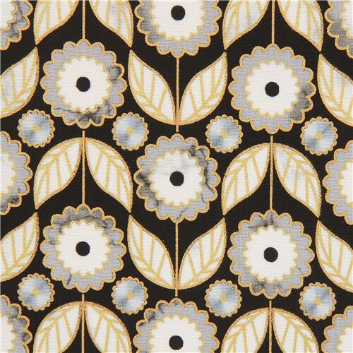 Wishwell Metallic Gold Graphic Flower Fabric by Robert Kaufman - modeS4u