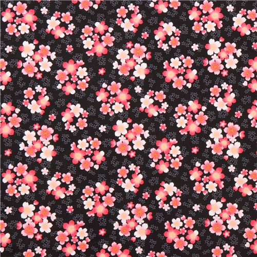 black Sakura Asia fabric with pink-white cherry blossom ...