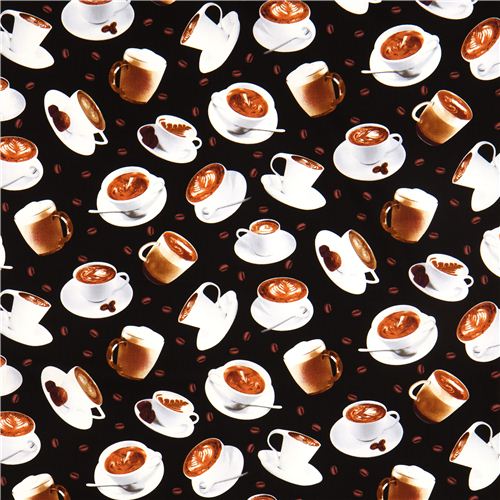 black Timeless Treasures fabric with coffee mugs USA Fabric by Timeless ...