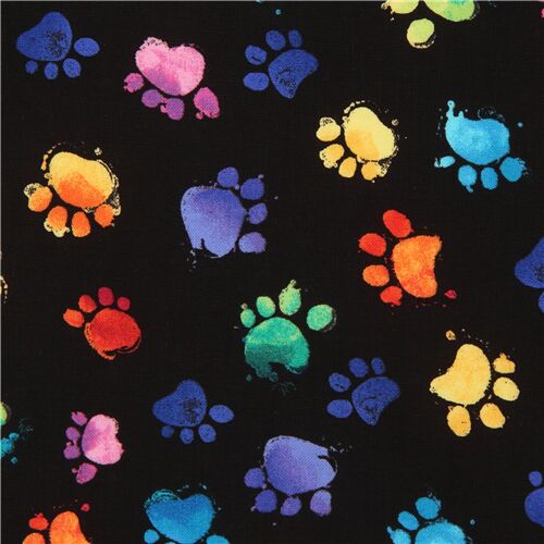 black Timeless Treasures fabric with colorful paw prints Fabric