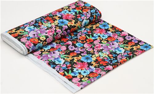 black Timeless Treasures fabric with colorful wild flowers - modeS4u