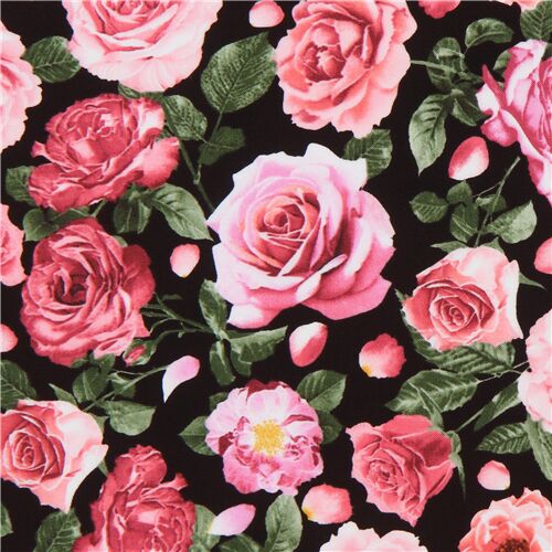 black Timeless Treasures fabric with pink roses - modeS4u