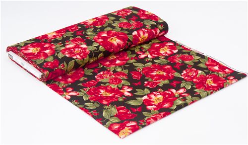 black Timeless Treasures fabric with red roses and butterflies - modeS4u