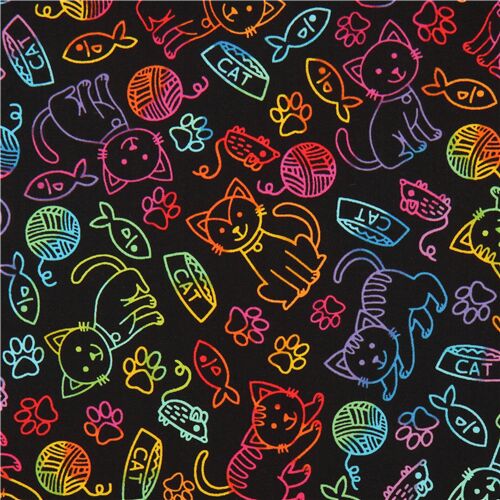black Timeless Treasures fabric with tossed colorful cat pattern Fabric
