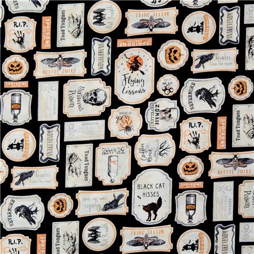 black Timeless Treasures fabric with vintage Halloween signs - modeS4u