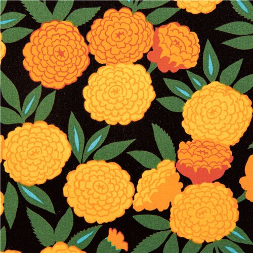 Tissu Alexander Henry noir avec de grandes fleurs de soucis jaunes et orange Tissu