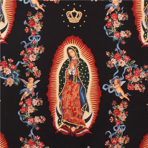 schwarzer Marienstatue Stoff Engel Blume Virgin of Guadalupe Stoff