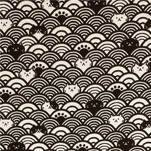 Cat Seigaiha Black Fabric
