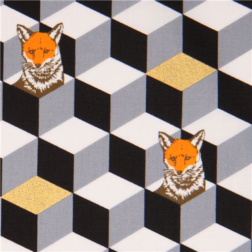 black and grey diamond dice fox cotton sateen glitter laminate fabric Kokka  1