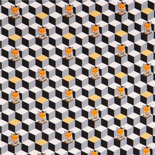 black and grey diamond dice fox cotton sateen glitter laminate fabric Kokka  3