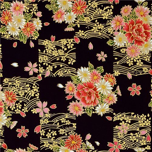 black and metallic gold checkered peony and daisy fabric by Kokka from ...
