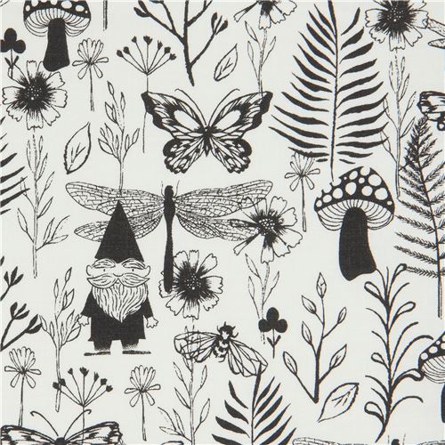 black and white garden gnome fabric Fabric