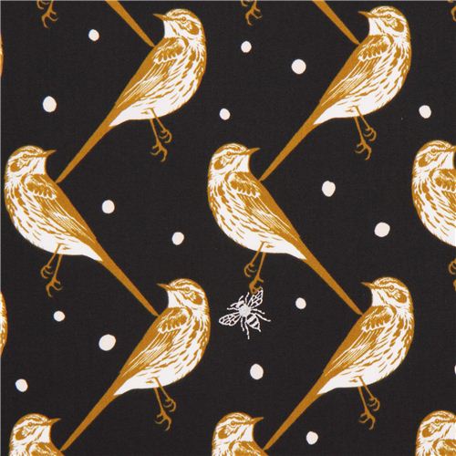 black atori bird echino Decoro cotton sateen fabric 1