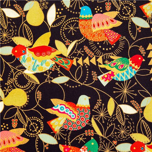 black background golden colourful birds Alexander Henry with ornate detailing Fabric