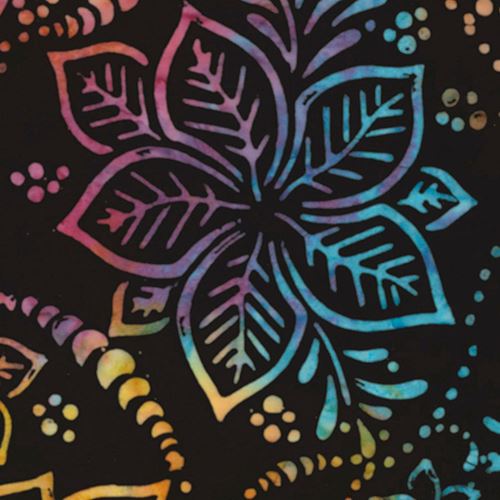 black batik fabric by Timeless Treasures with colorful flowers and leaves Fabric