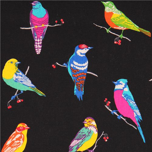 black birds echino Canvas fabric with birds 1