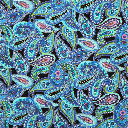 black blue Paisley metallic fabric Timeless Treasures Mystique Fabric ...