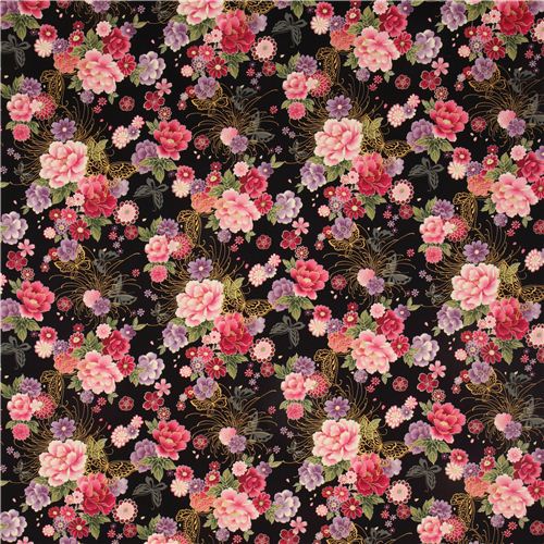 black butterfly and flower fabric with gold by Kokka 2