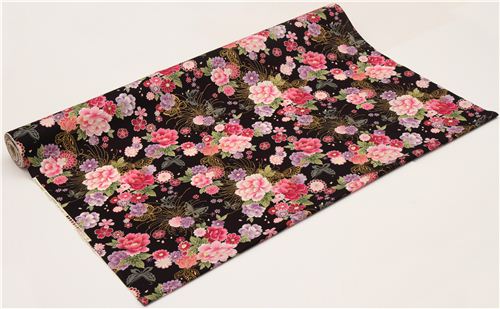 black butterfly and flower fabric with gold by Kokka 3
