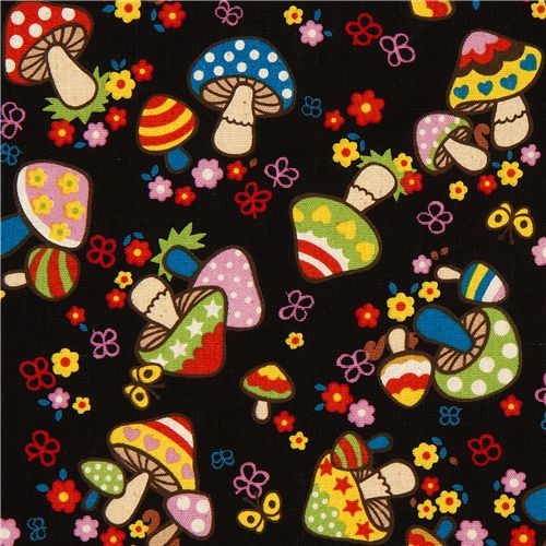 black canvas fabric colourful kawaii mushrooms Kokka 1
