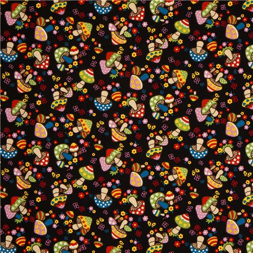 black canvas fabric colourful kawaii mushrooms Kokka 2