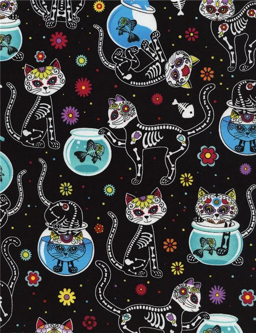 Tissu Noir Squelettes De Chats De Poissons Des Fleurs Par Timeless Treasures Modes4u