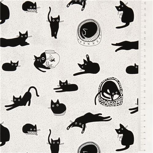 black cats fishbowl beds on white cotton fabric by Dear Stella - modeS4u