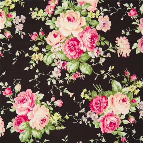 black cotton Japan fabric with large bouquets of pink roses and pastel ...