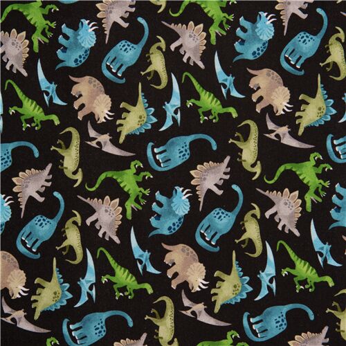 black cotton USA fabric with tumbling dinosaurs by Timeless Treasures ...