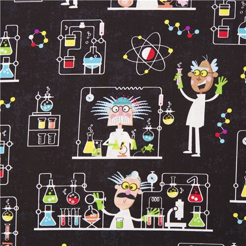 Remnant (50 x 112 cm) - black cotton fabric Michael Miller with multicolor retro lab science experim